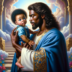 Classical oil painting style depicting an African-American Jesus...