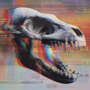 Portrait of alien's creature skull with digital glitches, color...