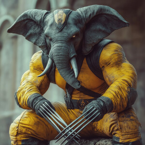 An anthropomorphic elephant  dressed in a fitted Wolverine costu...