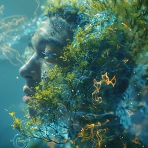 Create a vivid animation showcasing sea moss underwater, glowing...