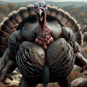"Create a realistic image of a wild Turkey with an intimidating,...