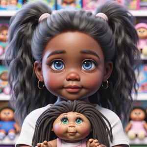 Create a 3-D realistic image of an African-American little girl above the age of five she has huge, blue eyes and thick long ponytails.
She is in a toy store and she is playing with her favorite african-American Cabbage Patch doll , the doll has deep, dimples and freckles