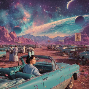 surreal retro-futuristic drive-in theatre on the red deserts of...