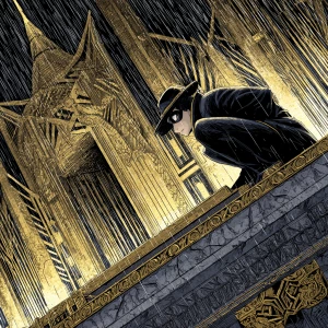 Manga-style noir detective crouched on a gilded Art Deco gargoyl...