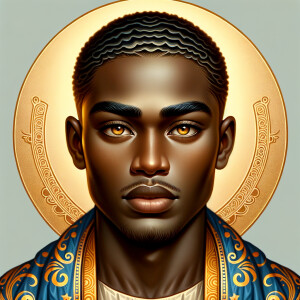 Create handsome African-American, Jesus, with Hazel Brown eyes wearing a blue and gold robe