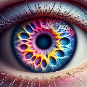 multicolored eyes, prominently featuring shades of blue, pink, a...