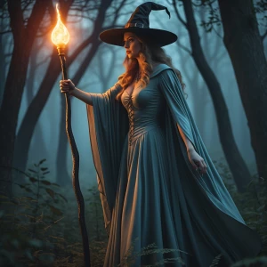 Create an image of an elegant witch wielding an illuminated staf...