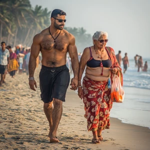 A filthy rich muscular indian sweaty beefy man walking beside  h...