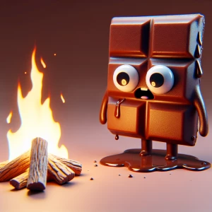 An anxious-looking cartoon chocolate bar character with googly e...