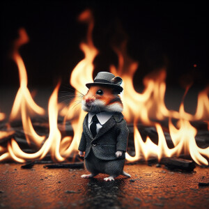 Hamster in business suit and hat stay in flame