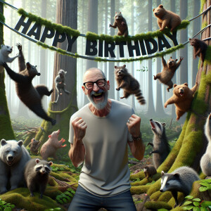 Generate a photorealistic image of a birthday party in a dense f...