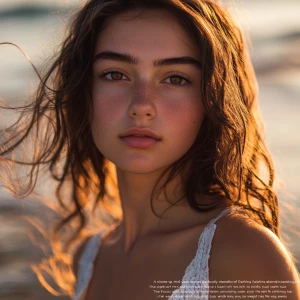 “A close-up, mid-body portrait of Dahlia Valentina standing on a...