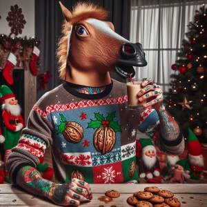 A photo of a Caucasian male with a horse head mask and tattoos w...