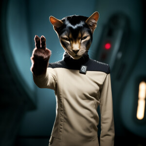 A cat resembling Spock from Star Trek, with its paws mimicking S...