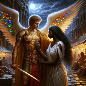 Create an oil painting image featuring a male angel and a grievi...