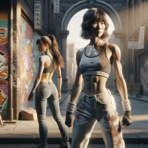 Athletic Thin skinny Attractive, Asian teenage girl, long brown hair and bangs, wearing tight skinny jeans and a halter top paint marks on her clothing, heroic pose Asian graffiti background, backside view