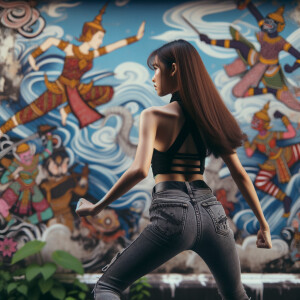 Attractive, Asian teenage girl, long brown hair and bangs, wearing tight skinny jeans and a halter top paint marks on her clothing, backside view heroic pose Asian graffiti