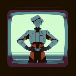 1990s anime screencap, girl a plugsuit, standing with hands on h...