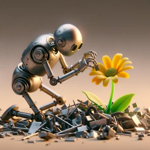 The small robot  gathers scraps of metal and debris to build a b...