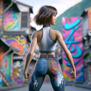 Athletic Thin skinny Attractive, Asian teenage girl, long brown hair and bangs, wearing tight skinny jeans and a halter top paint marks on her clothing, heroic pose Asian graffiti background, backside view