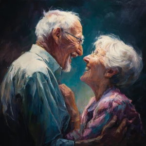 Generate an image of an elderly couple, appearing joyful and at...