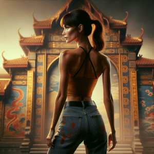 Athletic Thin skinny Attractive, Asian teenage girl, long brown hair and bangs, wearing tight skinny jeans and a halter top paint marks on her clothing, heroic pose Asian graffiti background, backside view