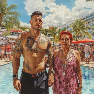 hyperrealistic painting 1:1,a muscular, tattooed, and pierced ma...