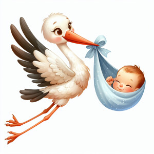 A single picture of adorable cute whimsical a stork flying with...