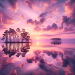 Create an image of a sunset over a serene lake, emphasizing a pa...