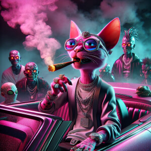 3D image of pink panther  with droopy bloodshot eyes,diamond jew...