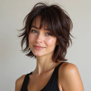 Create a photo of a beautiful woman with a stylish shaggy mullet...