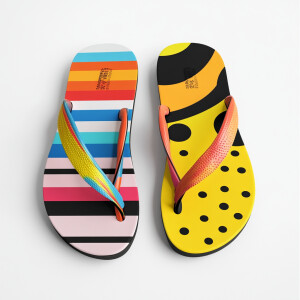Design a pair of colorful bright flip-flops, one with stripes an...