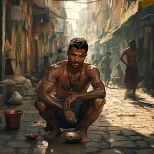 Christano Ronaldo begging in the streets of India, gritty backgr...
