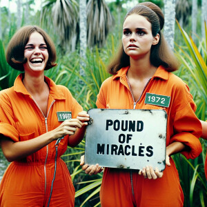 Generate a faded film photograph from 1973 in the Everglades. Tw...