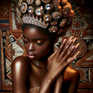 Create an image of an African-American queen deep in prayer. Her...