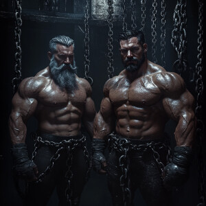 Two bodybuilders, one with gray hair and the other with black ha...