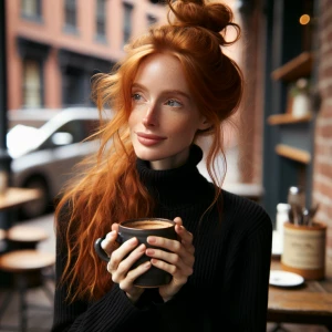 45 year old long ginger hair in messy bun, petite, female,wearin...