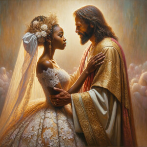 Imagine a hyper-realistic oil painting that captures a tender moment between theAfrican American bride and her God. The setting is intimate and filled with soft, warm lighting that enhances the emotional depth of the scene. The bride, in herexquisite wedding gown, shares a heartfelt embrace with her african-American Lord Jesus , who is dressedin an elegant outfit that complements the wedding's color scheme. Their expressions are full of love, pride, and joy, reflecting the special bond between them. Theattention to detail is paramount, from the intricate designs of their dresses to the subtle emotions conveyed in their facial expressions. The background is a blur ofgentle pastel hues, ensuring that the focus remains on this touching moment. Thispainting should convey the warmth, love, and depth of the relationship, with the rich textures and vibrant strokes characteristic of oil paintings, capturing the essence of this significant pre-wedding moment.