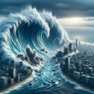 Generate a hyper-realistic image depicting a colossal tsunami cr...