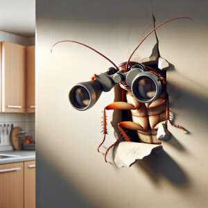 A Roach  with binoculars peeks out from behind a crack in a wall...