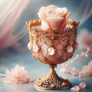 A fantastical and ornate golden goblet cradles a single, delicate pale pink rose. The goblet is adorned with intricate gold filigree work and studded with pearls, evoking a sense of royal luxury. The vessel's edges have a translucent pink enamel inlay that creates the illusion of a blooming flower holding the rose within its petals. Pink quartz stones add a touch of mystical allure to the stem and base, which are designed with a lace-like gold pattern, giving the impression of a treasured artifact from a fairy tale. The goblet is positioned against a soft-focus background with a gentle blue hue, highlighting its enchanting elegance.