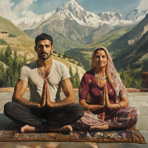 Realistic painting 1:1,A muscular man and his 50-year-old Kashmi...