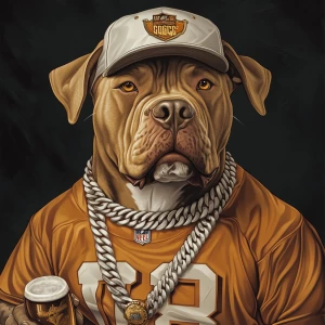 Create an image of a pit bull wearing a white gold chain and a Washington Commander’s cap and football jersey. He is also holding a beer