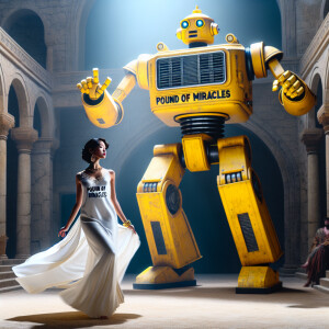 Photorealistic. A stunning 24-year-old woman dances with a giant...