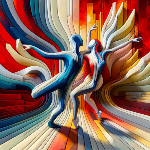 The image is an brushed canvas painting depicting two graceful f...