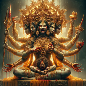 portrait of angry looking, four-armed indian goddess sitting on...