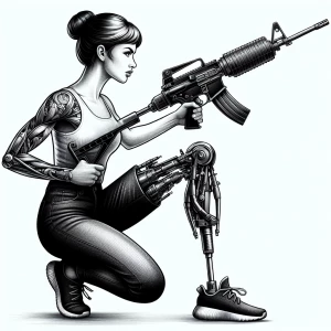 Create an image of a woman who has a prosthetic leg that is also...