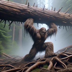 A humanoid looking hair covered sasquatch pulling up a large tre...
