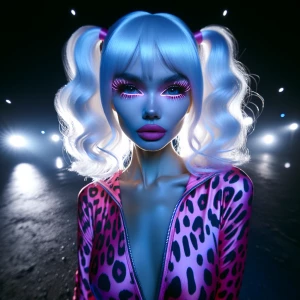 gorgeous Harley Quinn with white hair in pigtails and bright pin...