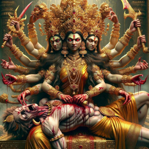 portrait of angry looking, four-armed indian goddess sitting on...